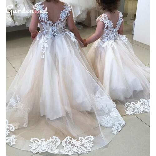 Lace Flower Girl Dresses Sleeveless Button Back First Communion Dresses Champagne Girl Princess Dress robe de princesse fille