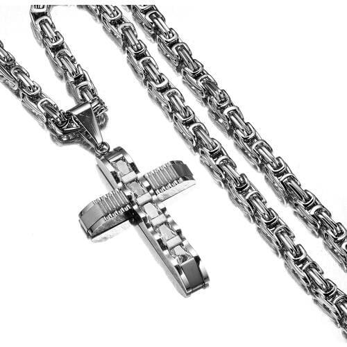 Crucifix Jesus Stainless Steel Byzantine Pendant & Necklace for Men Catholic Religious Cross Silver Color Hip-hop Jewelry Gifts