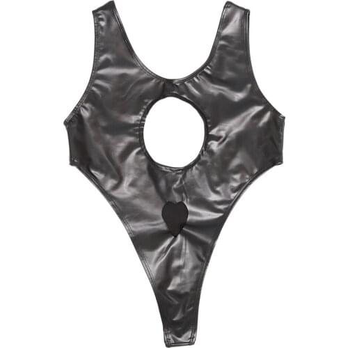 Oil Glossy Faux Latex PU Leather Catsuit High Cut Bodysuit Swimwear Backless Sexy Erotic Lingerie Tights Bodystocking Sukumizu