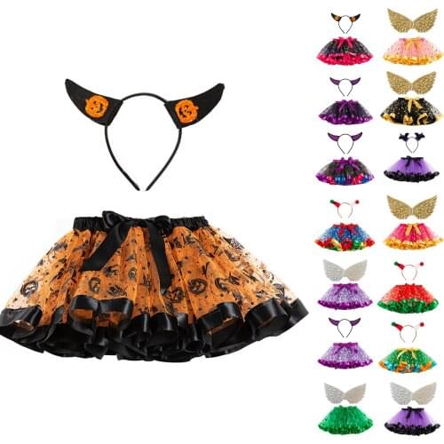 Fashion Toddler Infant Baby Kids Girls Bowknot Halloween Printed Puffy Princess Tutu Tulle Skirt With Headbands/Wings Costume#g4