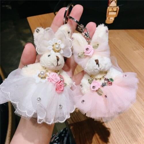Cartoon Dress Bow Rhinestone Rabbit Keychain Plush Wedding Bear Doll Wedding Bouquet Toy Bag Pendant Jewelry Llaveros Toys