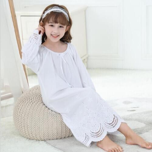 Girls Nightgown Dress Spring New Baby Girl White Hollow Lace Cotton Pajamas Dresses Children Night Sleepwear Dress 6 8 10 12Year