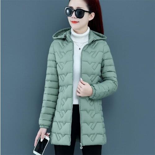 2021 Winter Fashion New Mid-Length Solid Color Zipper Hooded Long-Sleeved Slim Thin Warm Cotton Jacket Female Trend 050