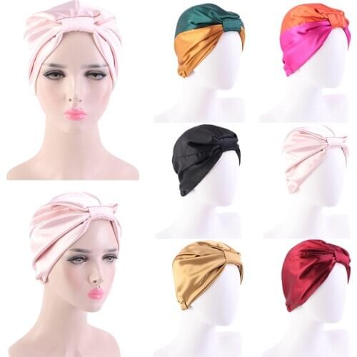 New Satin Sleep Cap Women Faux Silk Turban Solid Head Scarf Patchwork Night Hat Knot Chemo Caps Sleeping Bonnet Beanie Headwear