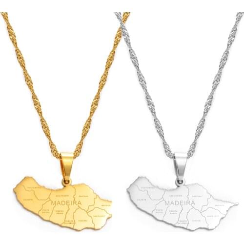 Anniyo Madeira Map Portugal Pendant Necklaces for Women Girls Gold Color Jewelry Gifts #165121