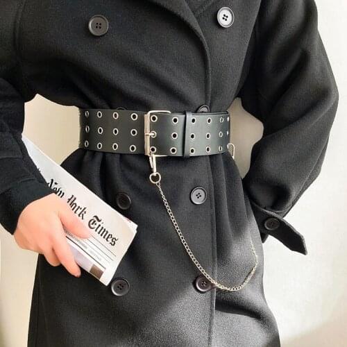 Personality Pu Leather Metal Circle Rivet Split Joint Belt Silver Tassel Chain Belts For Women Hollow Design Waist Strap Jeans