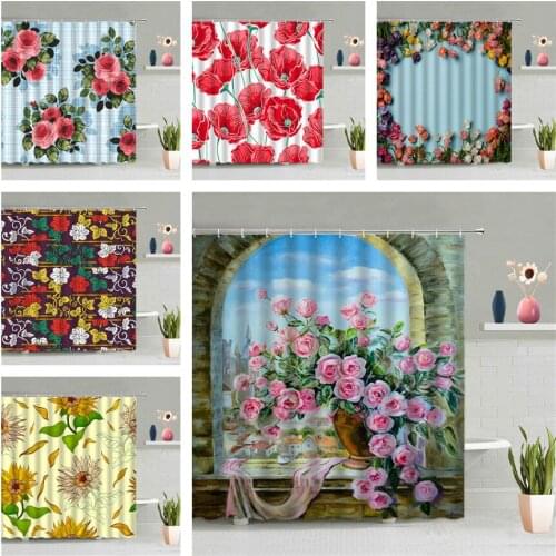 Pink Rose Shower Curtain Window Balcony Flower Bathroom Decor Floral Plant Printed Hanging Curtains Bath Screen Waterproof Hooks