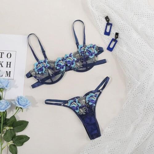 Sexy Womens Bra and Panty Set See-through Erotic Lingerie Floral Embroidery Push Up Bra Woman Sexy Lingerie