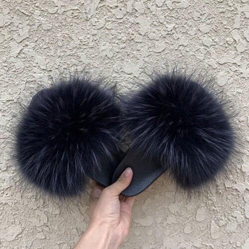 Big Fur Slippers Women Real Fox Slides Home Female Summer Furry Sandals Ladies Flats Shoes Indoor Fluffy Flip Flops Wholesale
