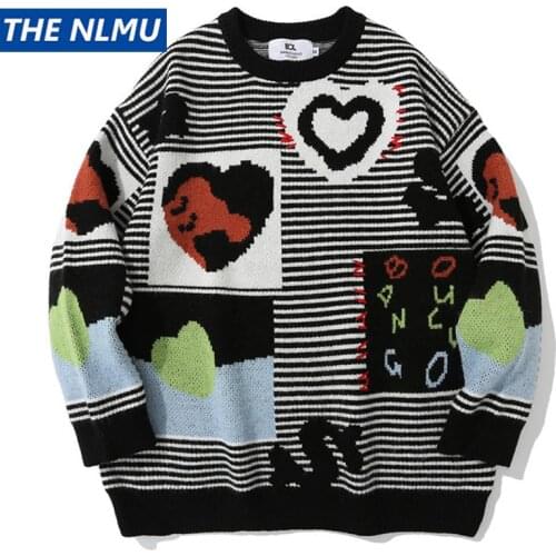 Harajuku Heart Print Striped Sweater Hip Hop Streetwear Knitted Jumper Christmas Sweater 2021 Loose Pullover Knitwear Tops WE288
