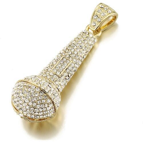 Bling Bling Big Microphone Pendant Necklace Men Crystal Iced Out Chain Music Microphone Charm Fashion Hip Hop Jewely