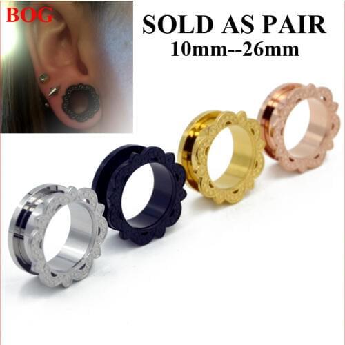 1Pair Stainless Steel Lotus Flower Screw Fit Ear Tunnel Plugs - 00G-1" Ear Piercing Gauge Expander Taper Stretcher Body Jewelry