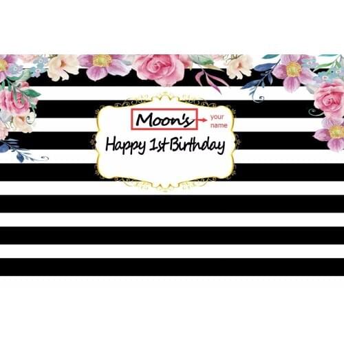 VinylBDS Happy Birthday 1st Baby Shower Backdrop Black And White Stripes Background For Photography Custom Children Backdrop