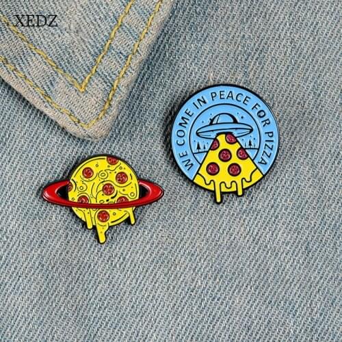 XEDZ Cartoon Pizza UFO Spaceship Pizza Planet Enamel Brooch Fashion Yellow Pizza Planet Food Badge Jewelry Gift For Friends