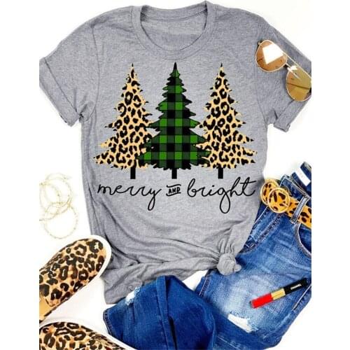 Women T shirt Cute Graphic Tshirts Casual Ulzzang Harajuku T-shirt Merry And Bright Letter Leopard Plaid Christmas Trees Print