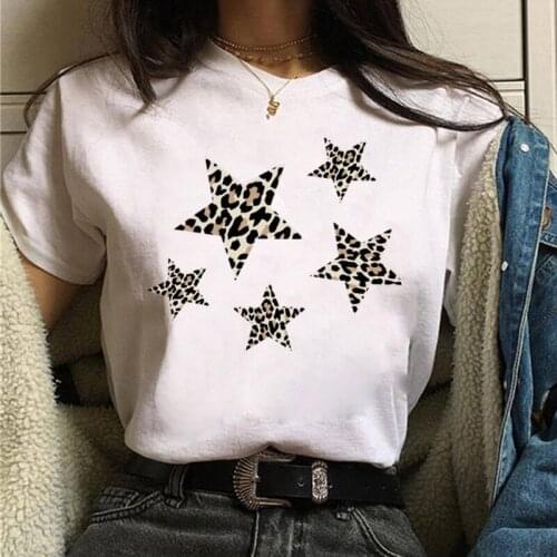 Women Summer Clothing 2021 Leopard Stars Print Tops & Tees White Round Neck Short Sleeve T-shirts