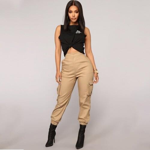 Womens Solid Pockets Cargo Pants 2021 Summer Loose Streetwear Fashion Elastic Waist Bottoms Trousers Fitness Tracksuit