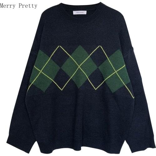 Merry Pretty Korean Fashion Winter Geometric Pattern Argyle Pullovers Loose Oversized O-Neck Knitted Sweaters Woman Jumper Mujer