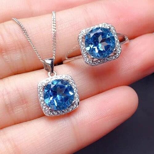 925 Sterling Silver Jewelry Sets for Women Gemstone Blue Topaz Ring Pendant Necklace Women Wedding Engagement Jewelry with Box
