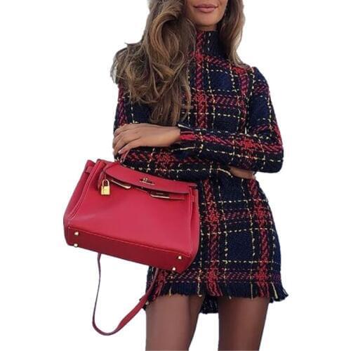 2019 Spring New Womens Dress Plaid Striped Long-sleeved Slim Dress Women