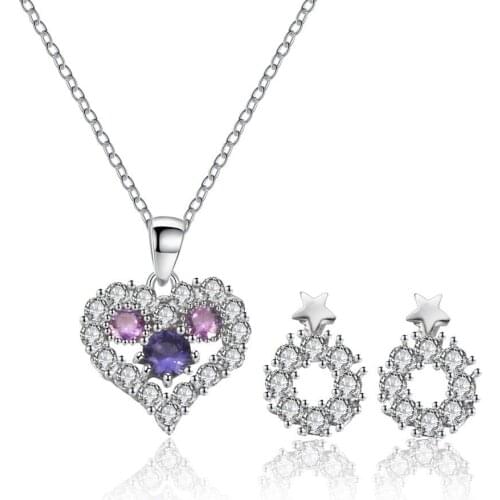 ZHOUYANG Love Heart Jewelry Set For Women Bride Pink Purple Crystal Zircon Trend 2021 Jewellry Chain Necklace Earrings KAS375