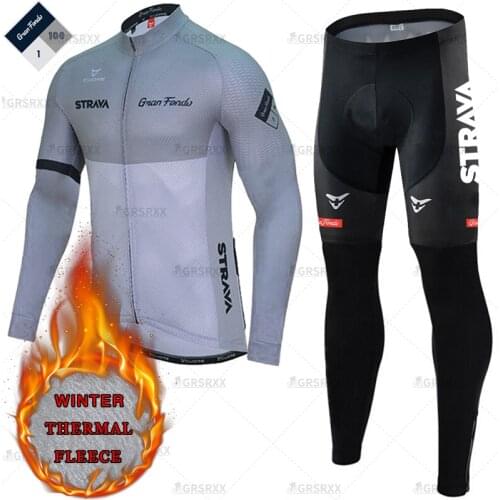 STRAVA Winter Fleece Thermal Cycling Set Team Race Uniform Outdoor Riding Clothes Mens Long Sleeve Keep Warm Cycling Jersey Set