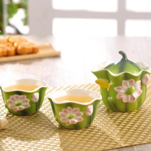 2018 New Style Colored Enamel Porcelain Tureen Lotus Easy Quik Cup Kungfu tea set Portable Travel Tea Set Include 1Pot+2 Cups