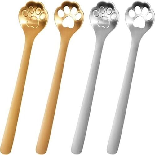 4PCS Cute Cat Paw Coffee Spoons Stainless Steel Teaspoon Coffee Sugar Ice Cream Cake Stirring Spoon Cat Claws Dessert Spoons Set