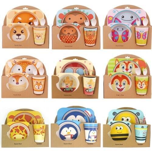 5PCS /Set Childrens Tableware Set Dishes for Games Food Grade Fork Cup Chicken Cartoon Baby Feeding Plate Tableware for Kids