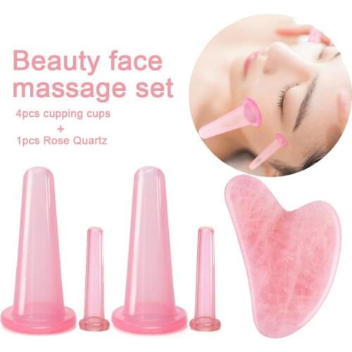 5Pcs Skin Care Set Massager for Face Rose Quartz Gua Sha + Silicone Cupping Cup Wrinkle Removal Facial Lifting Skin Rejuvenating