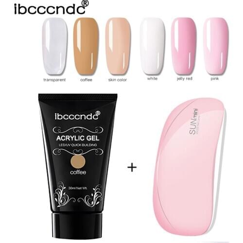 6 Colors 30g Nail Acrylic Poly Nail Gel Pink White Clear LED Builder Gel + 6W Mini Nail Dryer Quick Extension Kit