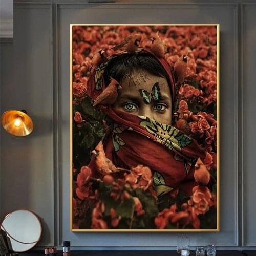 African Art Black Woman Vintage Animal Lion Birds Canvas Painting Wall Art Poster Print for Living Room Home Decoration Unframed