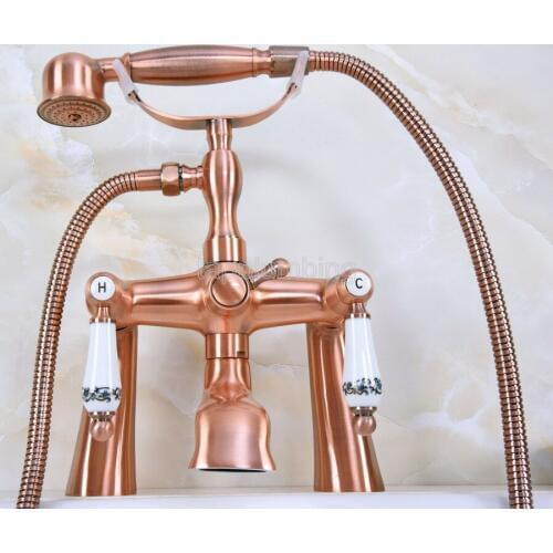 Antique Red Copper Deck Mounted Clawfoot Bathtub Faucet Filler Mixer With Handheld Shower Wna175