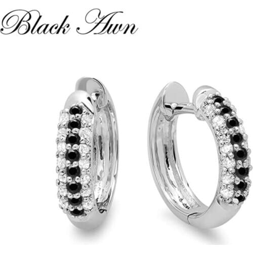 Black Awn New Classic 925 Sterling Silver Round Black Trendy Spinel Engagement Hoop Earrings for Women Fine Jewelry I179