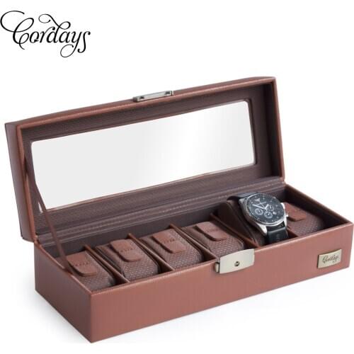 Cordays - Handmade 6 Grid Watch Box with Top Glass Lid in Leatherette