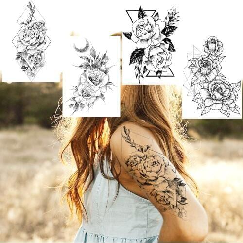 Sketch Realistic Geometric Rose Temporary Tattoo Sticker For Women Flower Arm Tattoos Decals Waterproof Bloosom Body Art Tatoos