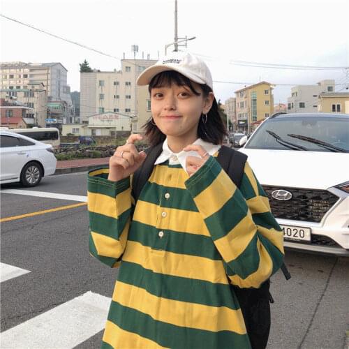 Polo Collar Hoodies Women Striped Sweatshirt Korean 2021 Spring Autumn Vintage Loose Casual Oversized Hip Hop Top Harajuku ins