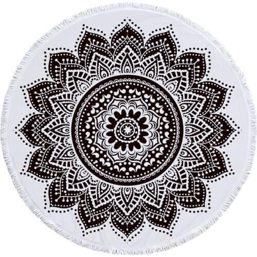 Indian Round Beach Towel Boho Tassel Mandala Lotus Tapestry Yoga Mat Toalla Floral Black and White Blanket 150cm Dropshipping