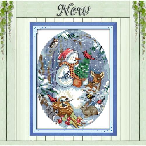 The snowmans friends Christmas Drawing 11CT DMC Pattern printed on fabric 14CT DIY Cross Stitch Embroidery Sets Needlework kits