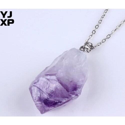 YJXP Amethysts Pendant Link Chain Necklace Irregular Shape Natural Stones Reiki Trendy Jewelry for Women Men Gift