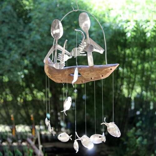 Fishing Man Spoon Fish Sculptures Wind Chime Indoor Outdoor Hanging Ornament Decoration Drop Shipping