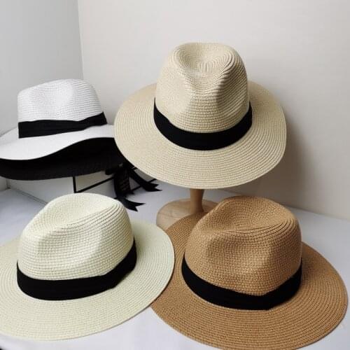 Summer Fashion White Flat Brim Wide Brim Womens Strawhat Womens Jazz Fedoras Hat Sun-shading Hat Beach Cap Summer