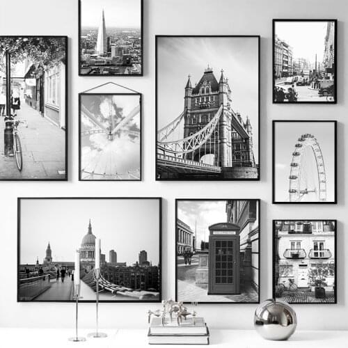 Nordic Black White London Tower Bridge Wall Art St. Pauls Cathedral Picture Poster and Print Canvas Painting Living Room Decor