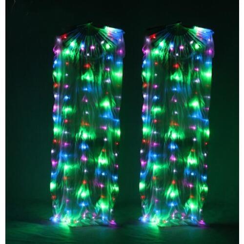 New Rainbow color Belly Dance LED Silk Fan Veil colorful 100% real silk LED Fan Veils for Oriental Dance Stage Props