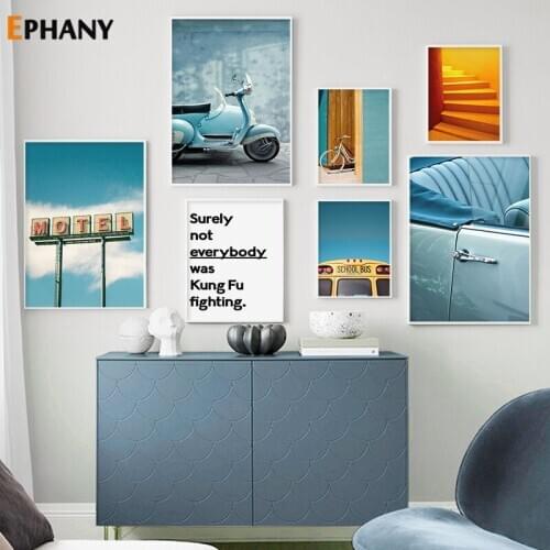 Vintage Motobike Quote Canvas Painting Nordic Blue Sports Car Posters and Prints for Living Room Wall Art Picture Home Decor