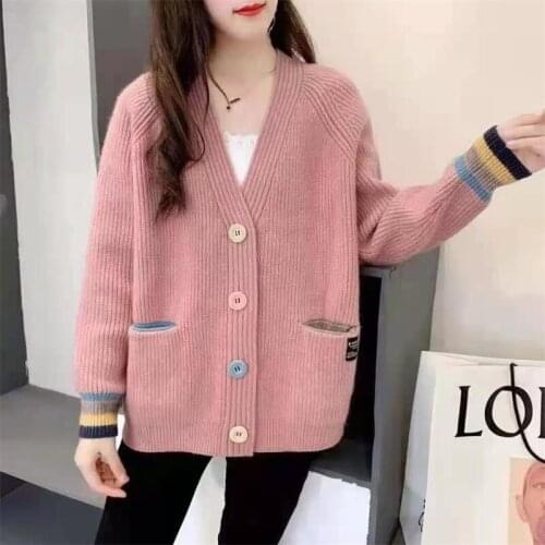 Patchwork Long Sleeve V-Neck Knitted Sweater Women Tops Autumn Winter Thick Loose Big Pocket Knit Cardigan Female Ladies Jumper