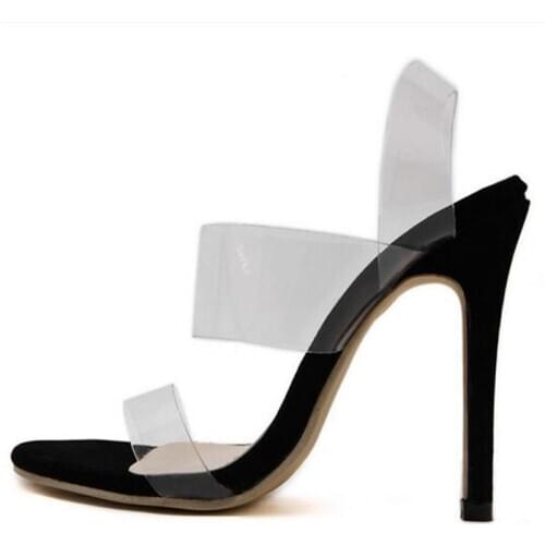 Women sandals PVC Slip On 12cm Thin Heels High heels Round Toe Shallow women shoes sandalias mujer 2020 size 35-42 Beige black