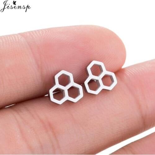 Jisensp Fashion Jewelry Black Hexagon Earrings for Women Gifts Small Bee Insect honeycomb Stud Earrings pendientes mujer moda