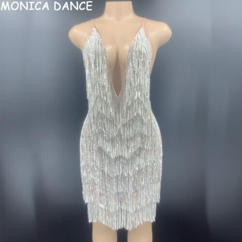 Nightclub Women Sexy Stage Sparkly Silver Rhinestone Fringe Transparent Short Dress Birthday V-collar Prom Dance Dress