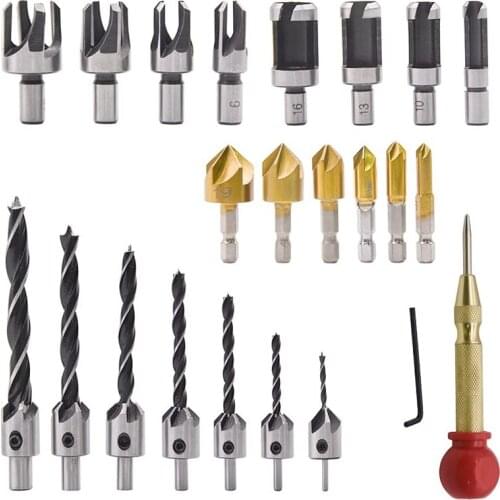 23 Pieces Of Woodworking Chamfer Drilling Tools With L-Wrench And Automatic Center Punching